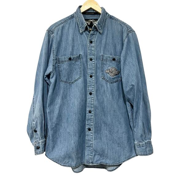 Harley Davidson Vintage Denim Button Up V-Twin Power Embroidered Pocket Mens M - Picture 2 of 6